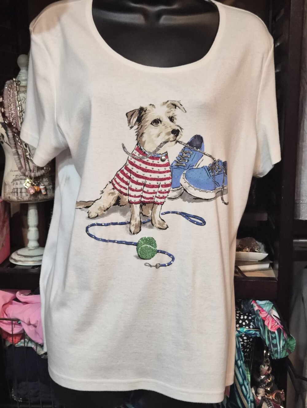 Karen Scott Women's Cute Glitter Studded Dog Cotton Short Sleeve Shirt White L